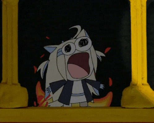 a cartoon character with big eyes and a bow tie is screaming in a yellow frame