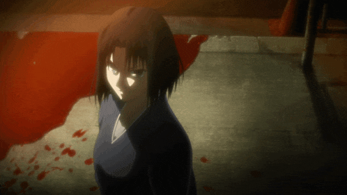 a woman in a kimono stands in front of a bloody wall