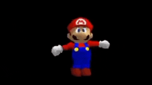 a 3d rendering of mario from the video game super mario bros is dancing on a black background .