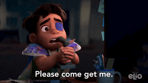 a cartoon character is sitting at a desk and says " please come get me "
