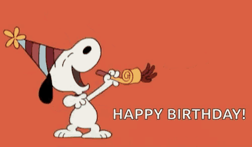 snoopy is wearing a party hat and blowing a party horn and saying happy birthday .