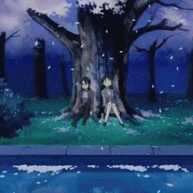 a man and a woman are sitting under a tree with cherry blossoms falling