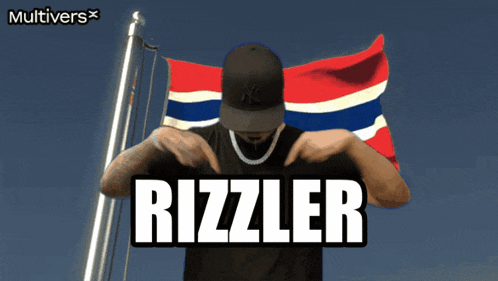 a man standing in front of a norwegian flag with the word rizzler on the bottom