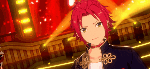 a cartoon character with red hair and green eyes is standing in front of a stage with a lot of lights .