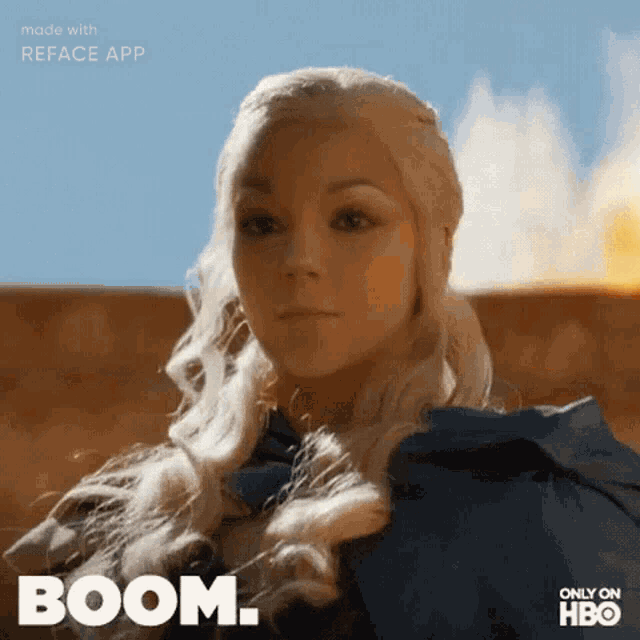 a woman with blonde hair is standing in front of a blue sky with the words boom on the bottom