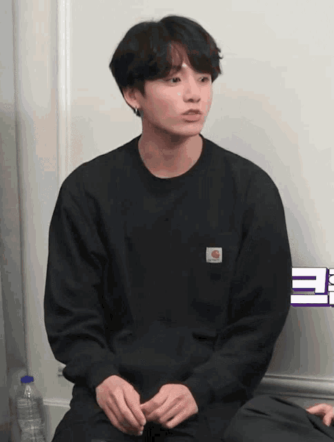 a man wearing a black carhartt sweatshirt sits in front of a wall