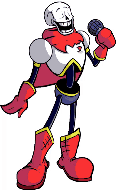 papyrus from undertale is holding a microphone and smiling .