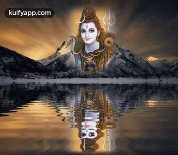 a painting of lord shiva is reflected in the water .
