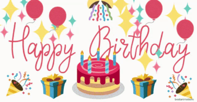 a happy birthday greeting with a cake and gifts