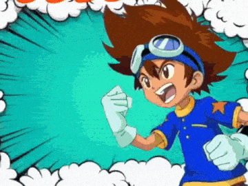 a cartoon character wearing a blue shirt and goggles is standing in front of a comic book background .