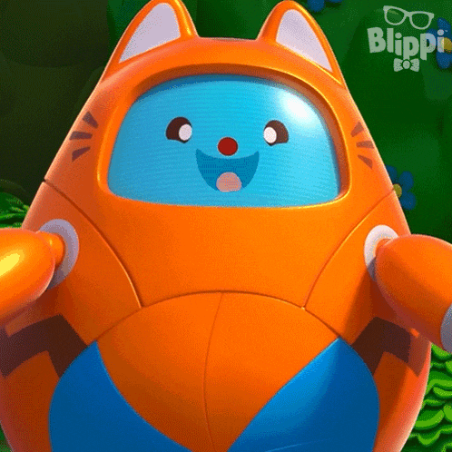 a close up of a cartoon character with the word blippi on the bottom
