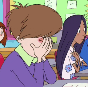 a cartoon of a boy covering his face with his hands in a classroom