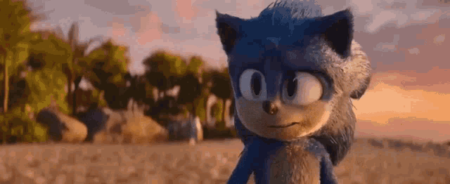 a close up of a sonic the hedgehog standing on a beach .