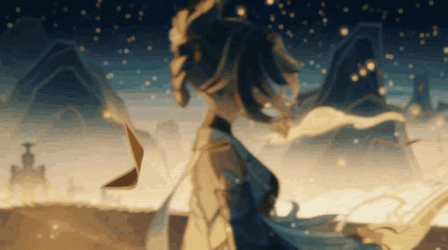 a cartoon character is standing in front of a mountain