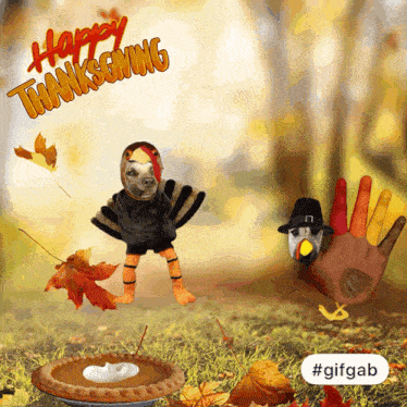 a picture of a dog dressed as a turkey and a hand painted to look like a turkey says happy thanksgiving