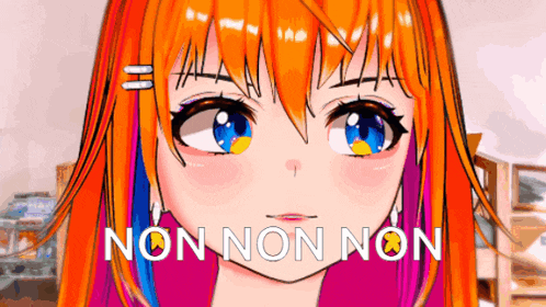 a close up of a girl 's face with the words non non non below her