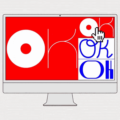 a computer monitor displays a red background with the words ok on it