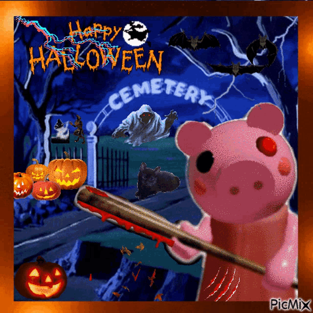 a pig holding a bat in front of a cemetery sign