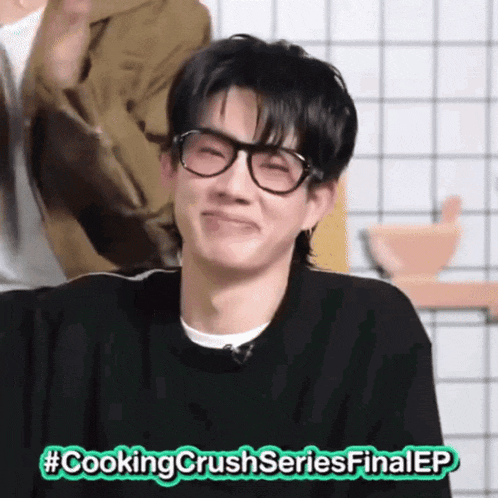 a man wearing glasses is making a funny face with the hashtag #cooking crushseries final ep
