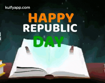 a happy republic day greeting card with a book on a table