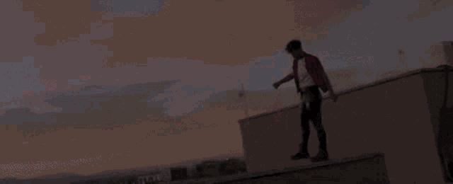 a man standing on the edge of a building with a sunset in the background