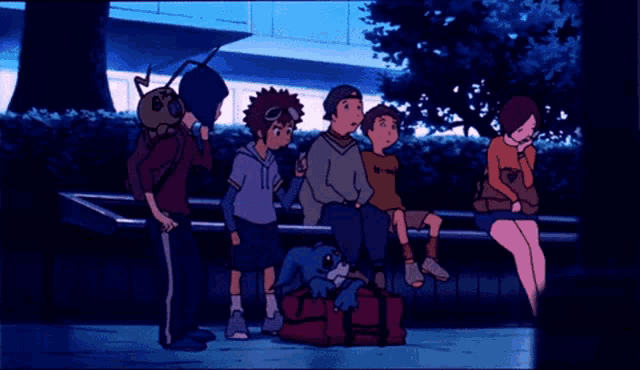 a group of cartoon characters including a boy with a backpack and a girl with a heart on her shirt
