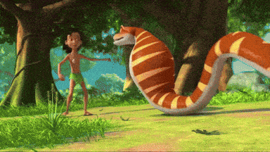 a cartoon scene of a boy standing next to a snake