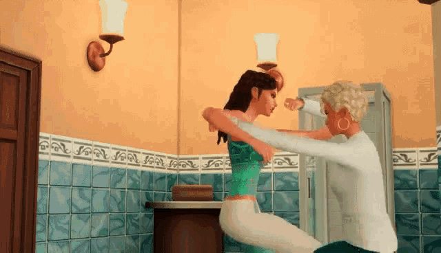 a woman is holding another woman 's arm in a bathroom with a blue tiled wall
