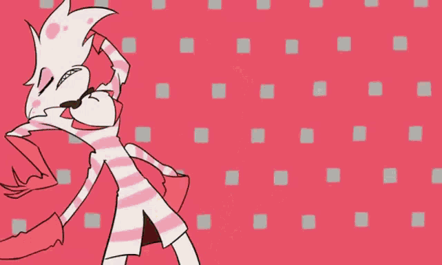 a cartoon character in a pink and white striped outfit is standing on a pink background .