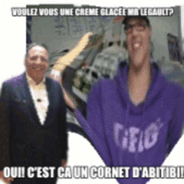 a man in a suit stands next to a woman in a purple sweatshirt with the word greg on it