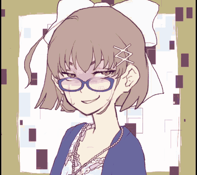 a drawing of a girl wearing glasses and a bow in her hair