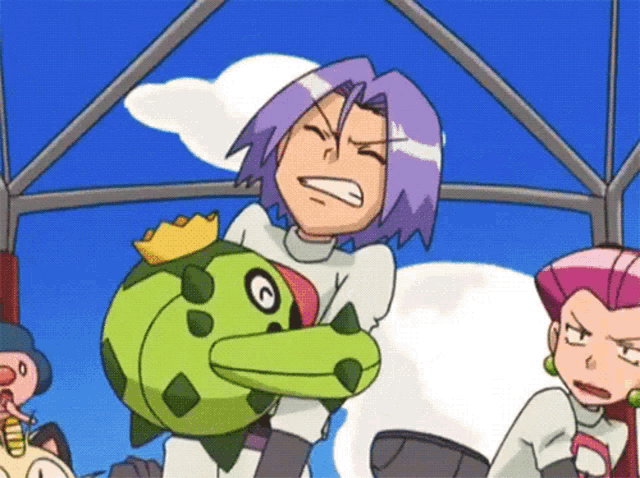 a cartoon character with purple hair is holding a green stuffed animal