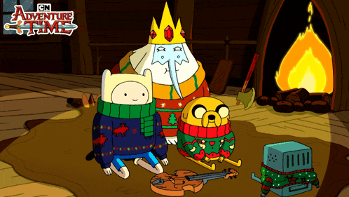 a cartoon of adventure time characters sitting in front of a fire