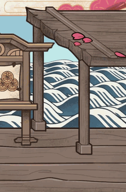 a cartoon drawing of a wooden structure with a roof overlooking a body of water
