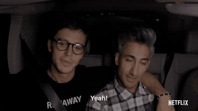 two men in a car with a netflix logo on the bottom