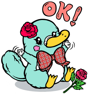 a cartoon duck with a bow tie and a rose on its head says " ok "
