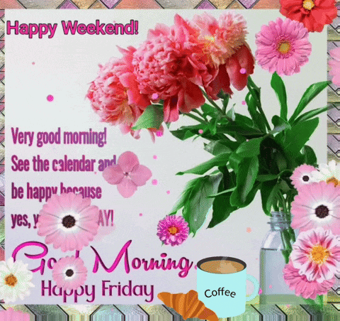 a happy weekend greeting card with flowers and coffee