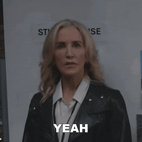 a woman in a black leather jacket says " yeah "