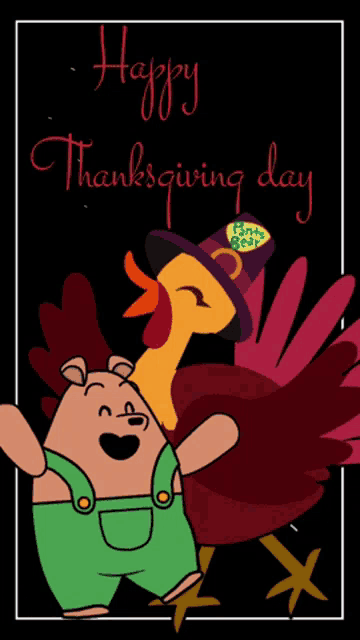 a happy thanksgiving day card with a turkey and a pig