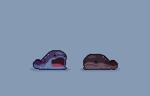 a pixel art drawing of two seals with their mouths open .