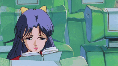 a cartoon girl with purple hair is reading a book