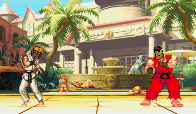 a cartoon of two karate fighters in front of a building with arabic writing on it