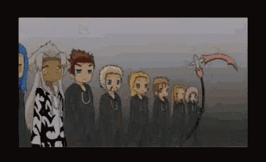 a group of cartoon characters standing in a line with one holding a scythe