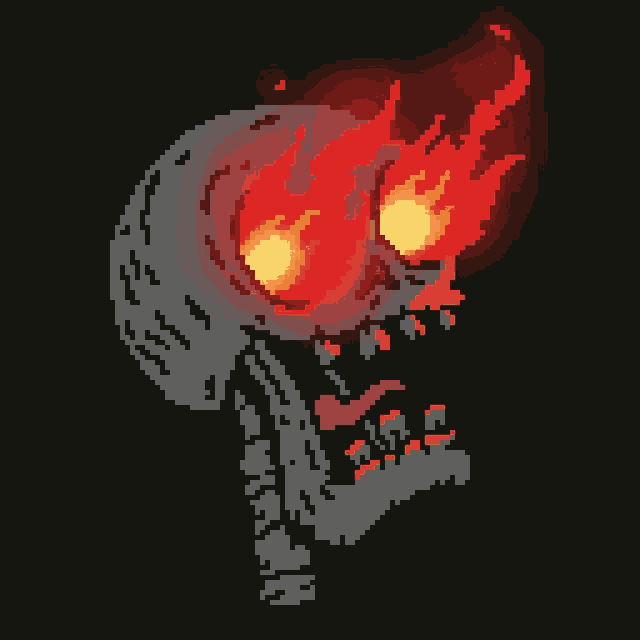 a pixel art drawing of a skeleton with flames coming out of its eyes