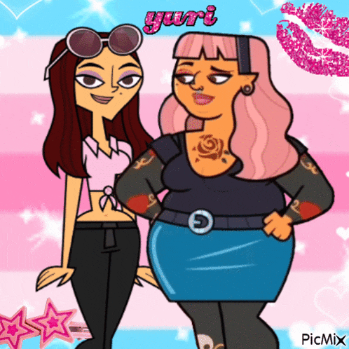 two cartoon girls are standing next to each other with yuri written on the top