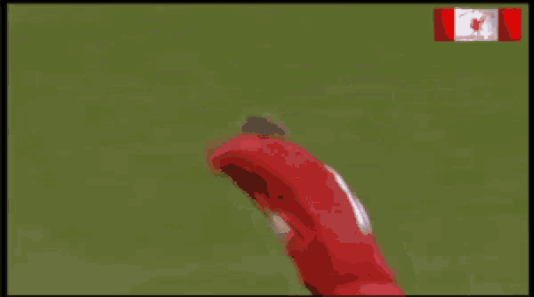 a man in a white tank top and red shorts is kneeling on the grass .