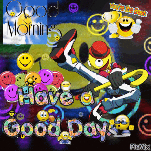 a cartoon says good morning and has smiley faces surrounding it