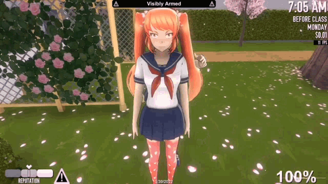a girl in a video game is visiblely armed at 7:05 am before class