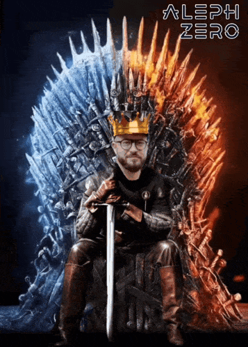 a man is sitting on a throne with a sword and a crown on his head and the words aleph zero below him
