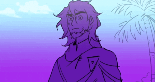 a drawing of a man with purple hair and a beard in front of a palm tree